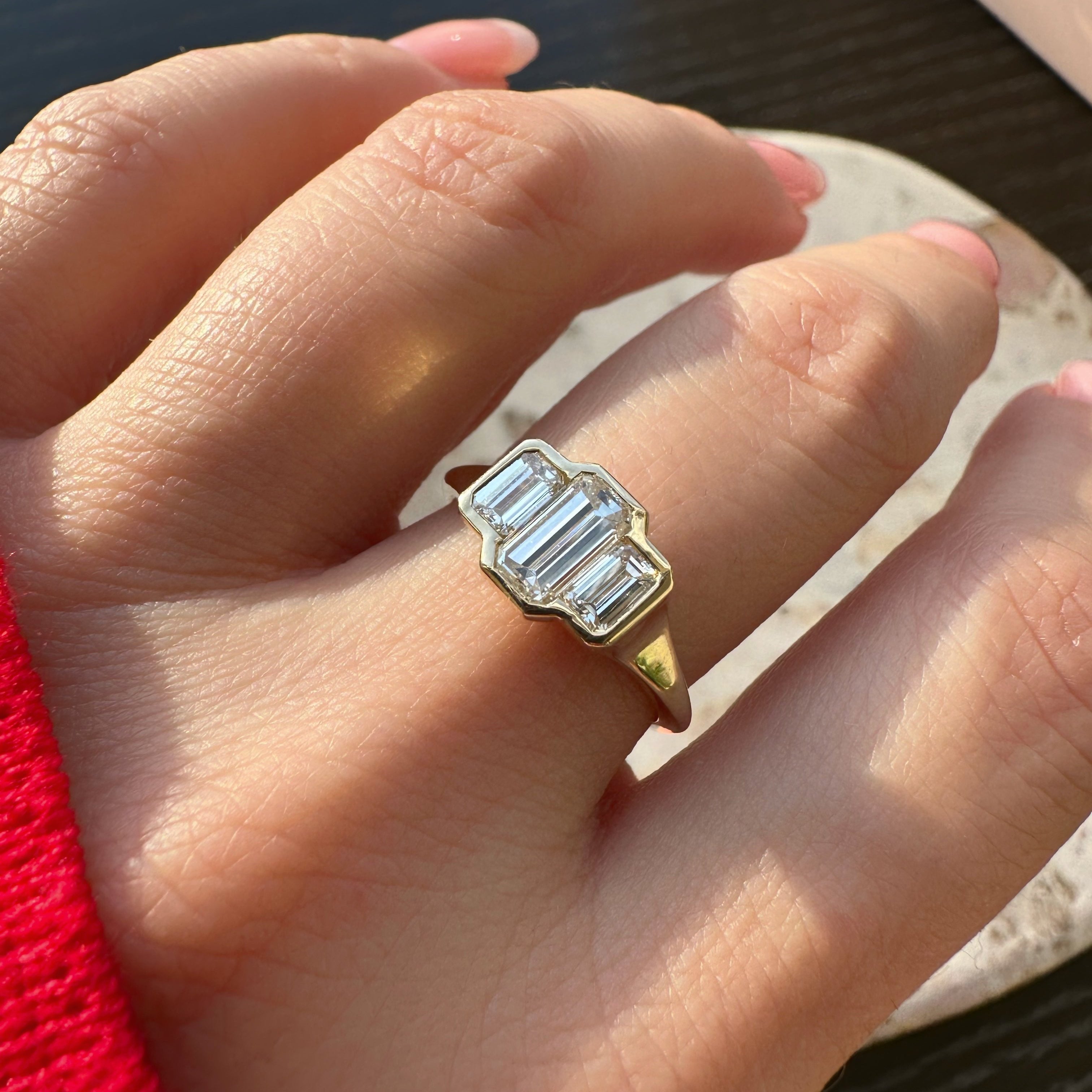 Three Stone Emerald Bezel | M