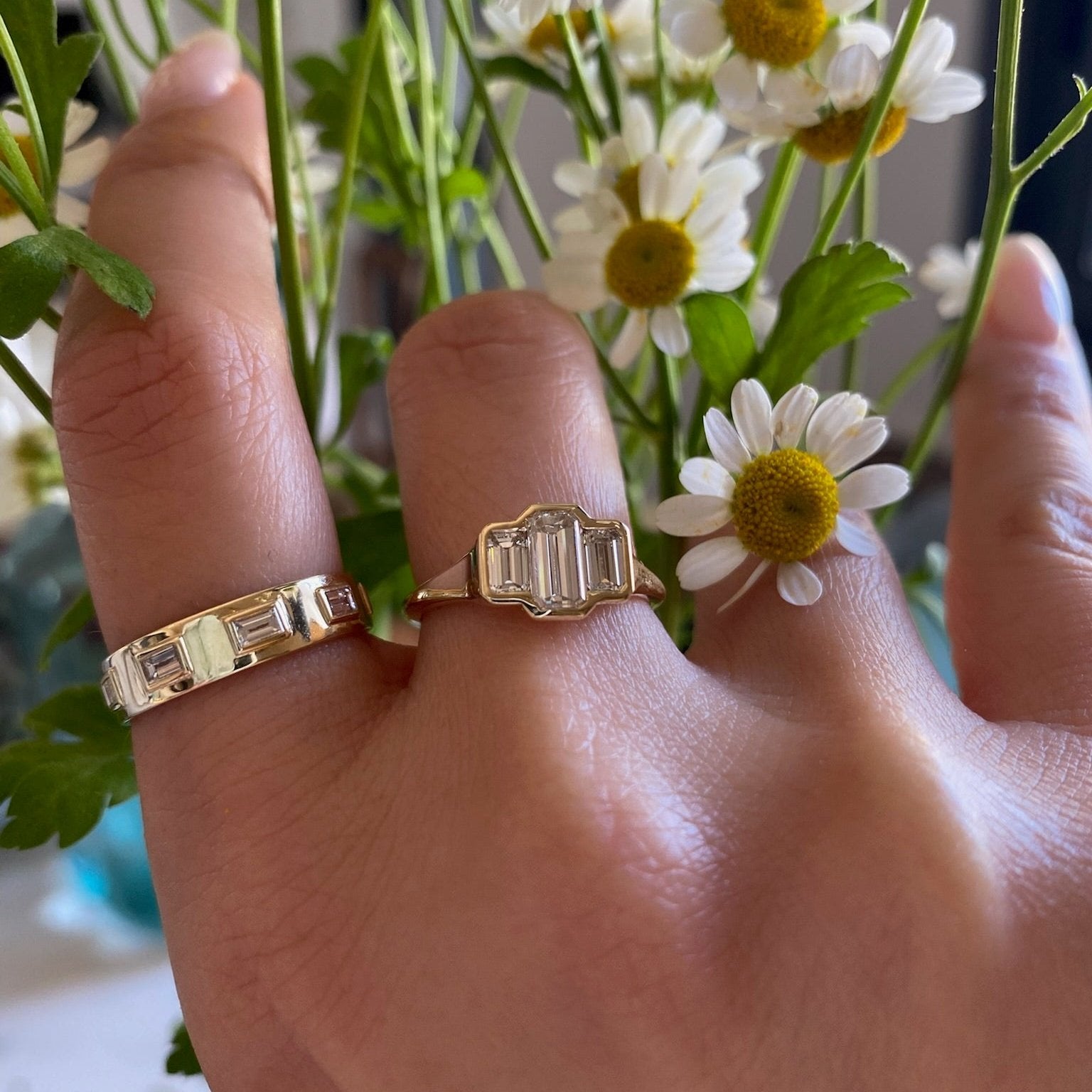 Three Stone Emerald Bezel | M
